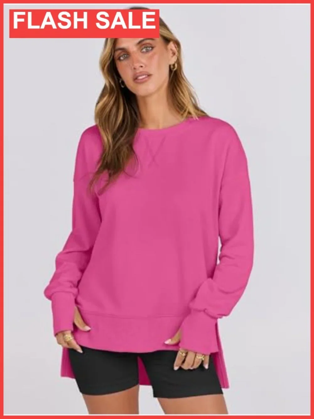 Oversized Lightweight Long Sleeve Crewneck Sweatshirt Side Split Pullover